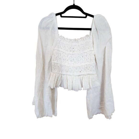 Free People FP One White Smocked Ruffle Crop Top With Flowing Sleeves Size XS - Picture 1 of 4